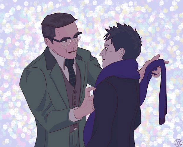 Встреча антигероев: Загадочник и Пингвин. Картина Маринетт Мортем