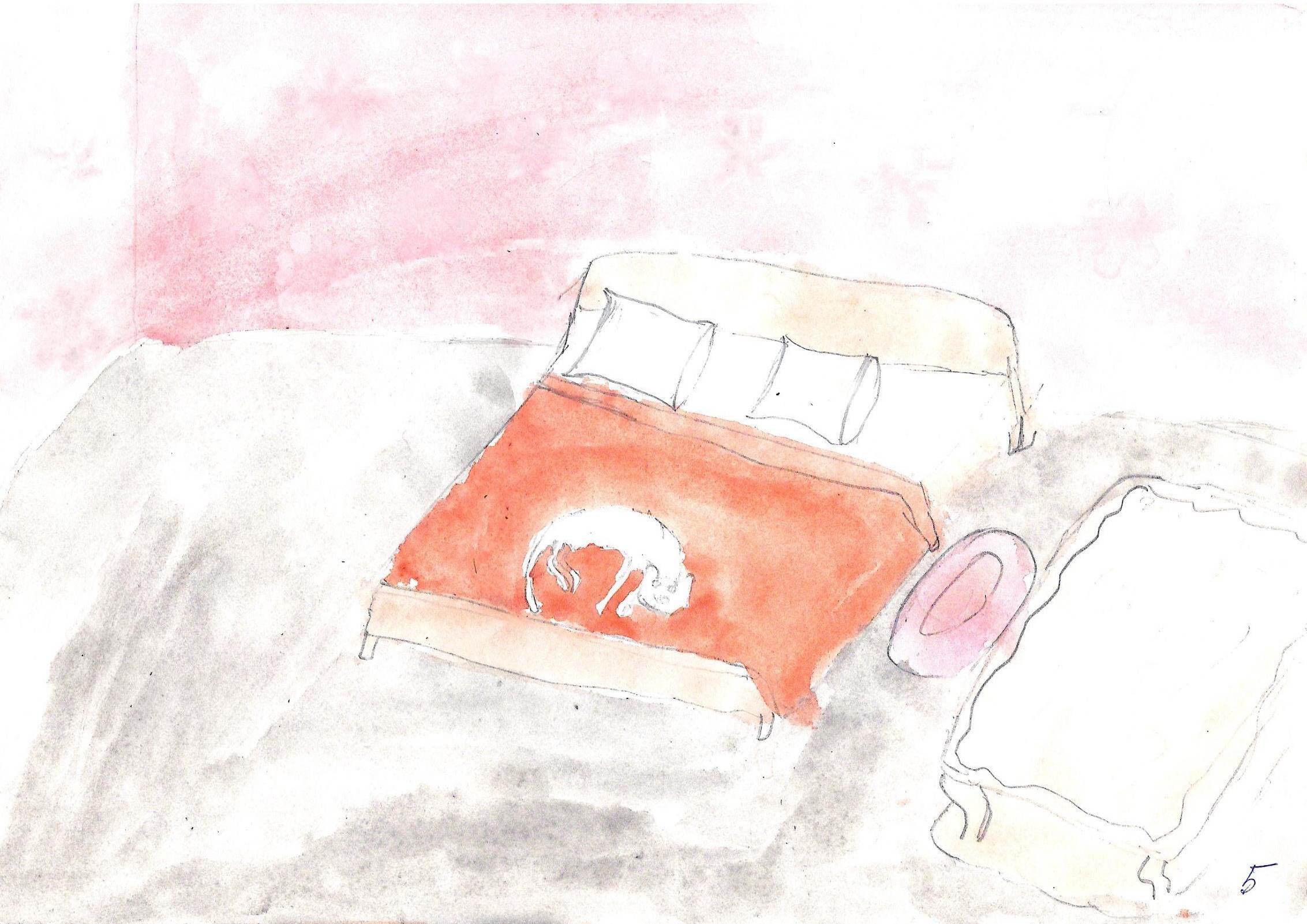 Акварель &quot;Котя на кровати&quot; Маринетт Мортем